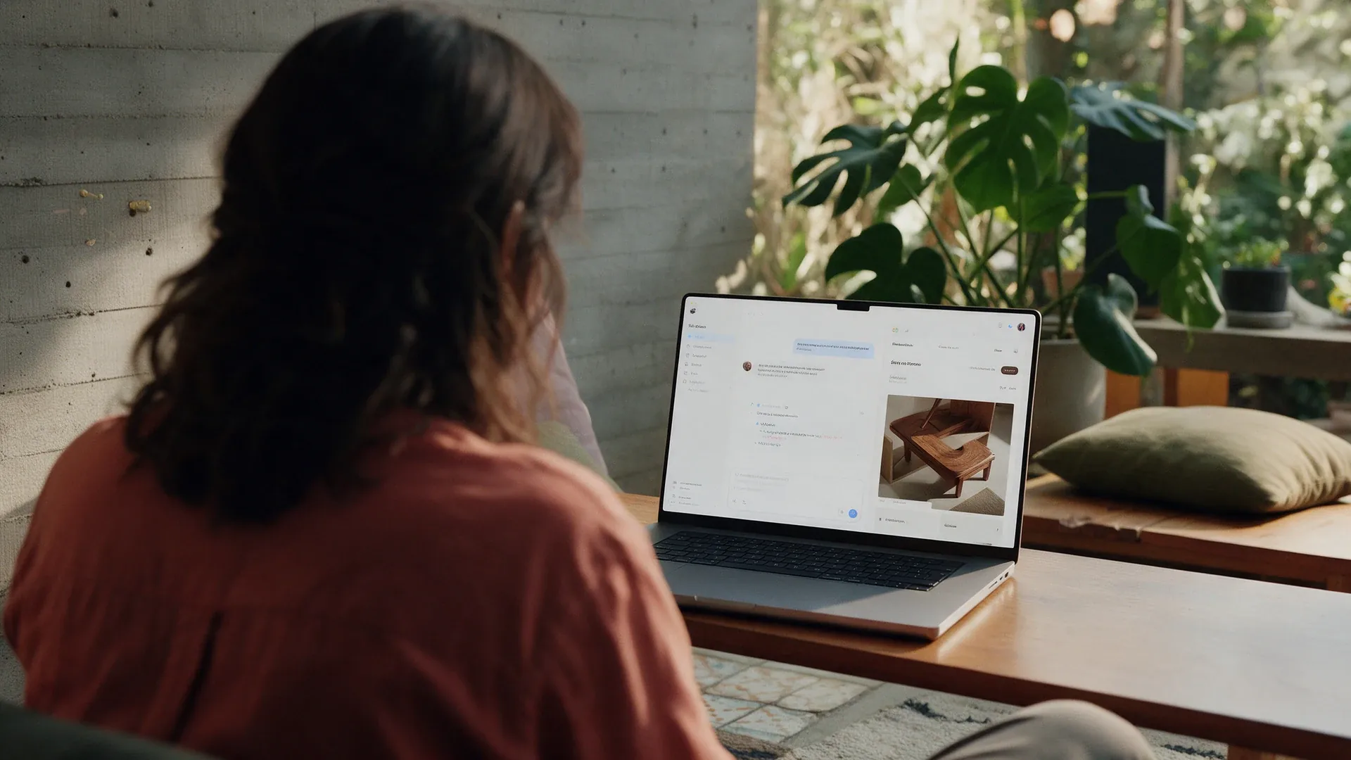 Uma pessoa de costas trabalha num laptop, entre concreto, plantas e luz de janela.